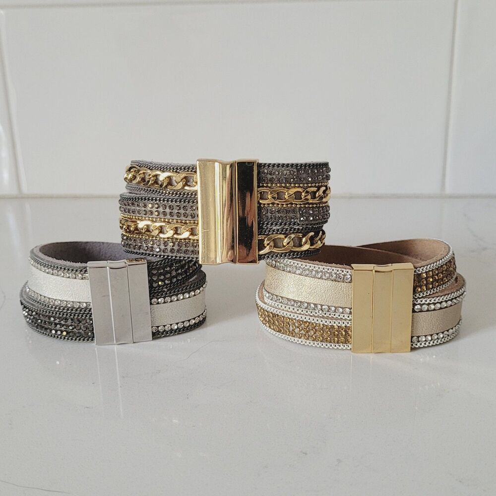 3 pc faux Leather Wrap Multilayer Bracelets Rhinestone Magnetic Closure Boho